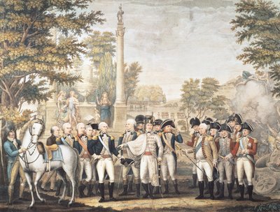 La reddition britannique au général Washington après leur défaite à Yorktown, Virginie, octobre 1781 - American School